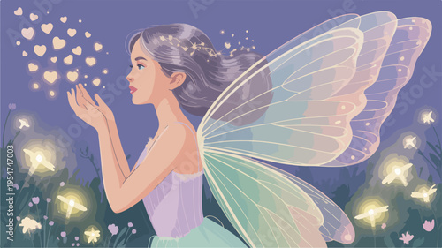 Whimsical fairy releasing heart shaped lights in a magical garden at dusk with purple hair and wings