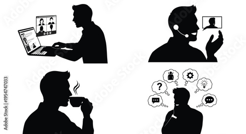 Vector graphic illustration of a man in various business communication and technology scenarios
