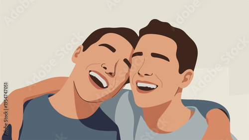 Two young men smiling and embracing happy friendship moment casual wear beige background illustration