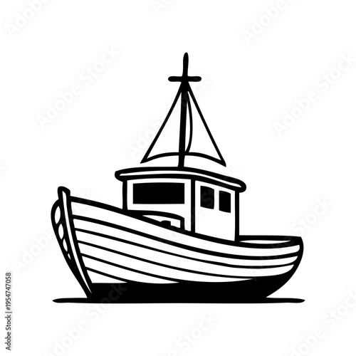Logotipo con dibujo sencillo con líneas de un viejo barco de pesca