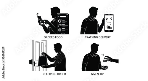 Food delivery process steps from ordering to receiving with mobile app technology integration