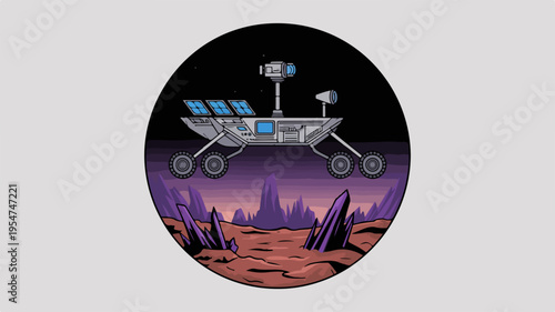 Space rover exploring mars red planet surface with solar panels and satellite dish in dark sky