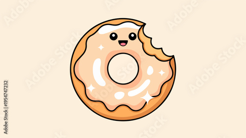 Cartoon donut with bite taken smiling face beige background sweet treat dessert food snack pastry