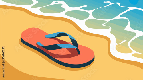 Vibrant orange flip flop on sandy beach with ocean waves summer vacation and relaxation concept