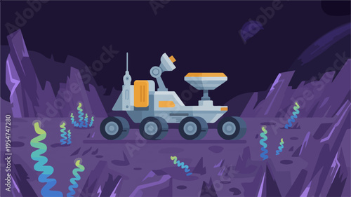 Futuristic lunar rover vehicle explores purple alien landscape with satellite dish and antennae at dusk