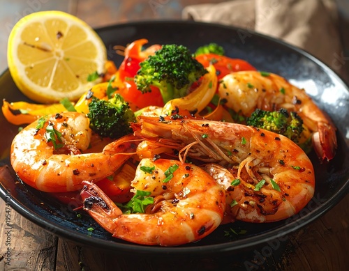 Close-up of grilled shrimp with colorful peppers, broccoli, and lemon on a black plate, set on a wooden surface