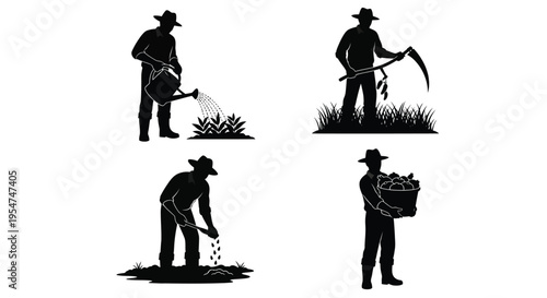 Farmer working in the field with various agricultural tools and activities shown