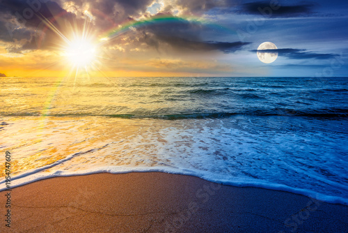 vacation at the sea on autumn equinox. day meet night. sun and moon over beautiful seascape. waves wash the sandy beach. image with epic sky above horizon. background for relaxation or ads placement