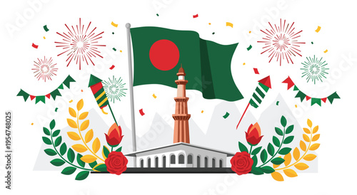 Bangladesh independence day celebration with flag, monument, and fireworks