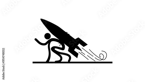 A person tries to take off on ideas, like on a rocket, black isolated silhouette