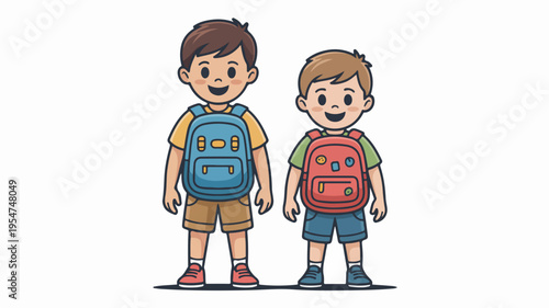 Two happy schoolchildren with colorful backpacks standing side by side in casual summer clothes on a plain white background