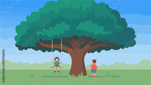 Two children playing under a large green tree on a sunny day in a park with grass and blue sky