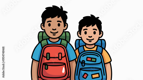 Two happy boys wearing colorful backpacks standing side by side in a friendly and adventurous mood with bright smiles