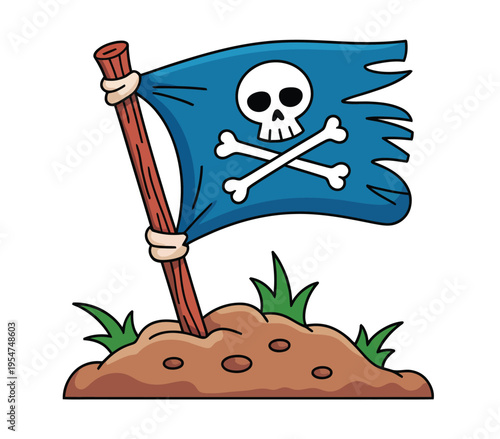 Cartoon pirate flag with skull and crossbones flying high on a sandy island with green grass vector, colorful flat illustration for adventure stories, treasure maps