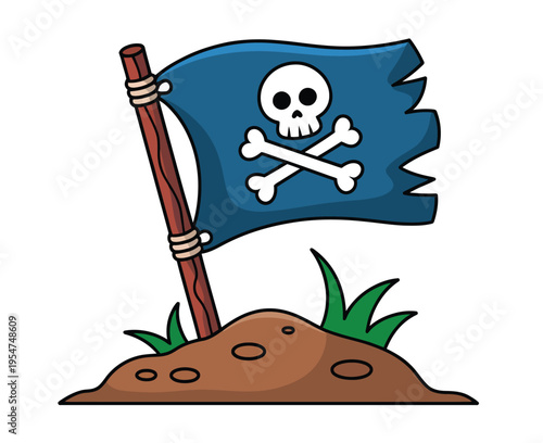 Cartoon pirate flag with skull and crossbones flying high on a sandy island with green grass vector, playful adventure theme illustration for kids design, treasure hunt, and fantasy island concepts.