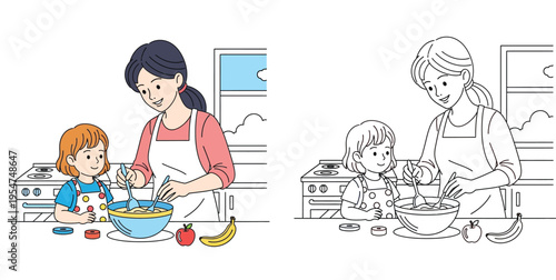 Mother and daughter cooking or baking together in the kitchen with fruits and stove, vector illustration set of colored and line art outline for coloring book activity
