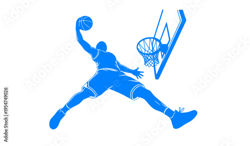 Low Angle Basketball Slam Dunk Silhouette Vector Powerful Athlete on White