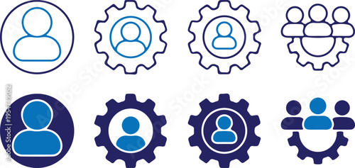 people group gear business management teamwork bule icons set vector illustration 