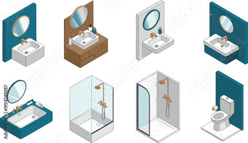 Isometric bathroom fixtures set, sink mirror shower cabin bathtub toilet modern interior sanitary equipment vector illustration collection design