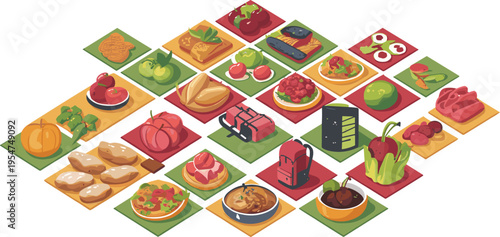 Isometric assorted food collection, fresh fruits vegetables meals snacks grocery items backpack picnic supplies healthy eating vector illustration design