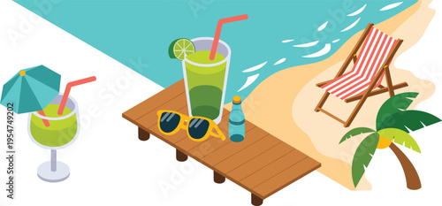 Isometric beach vacation scene with cocktail sunglasses wooden deck chair palm seaside summer relaxation illustration vector design concept