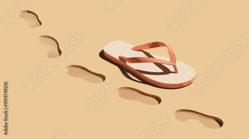 A single beige flip flop with brown straps leaves footprints in the sand on a sunny day at the beach