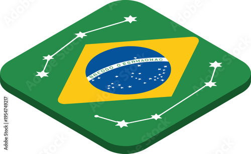 Isometric Brazil flag with constellation stars, national symbol design, green yellow blue colors, 3D vector illustration of Brazilian identity