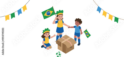 Isometric Brazilian children celebration illustration, kids with Brazil flags and soccer ball, festive scene, cultural event, national pride, playful concept