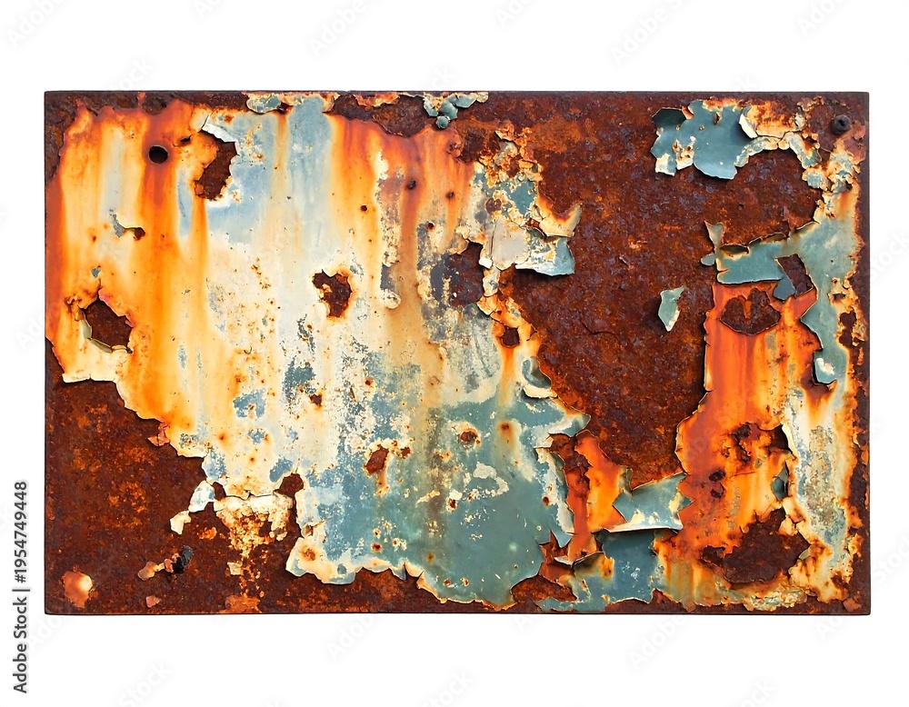 Fototapeta premium Close-up view of weathered, rectangular metal surface with layers of peeling blue-green paint over rust. It is isolated on white