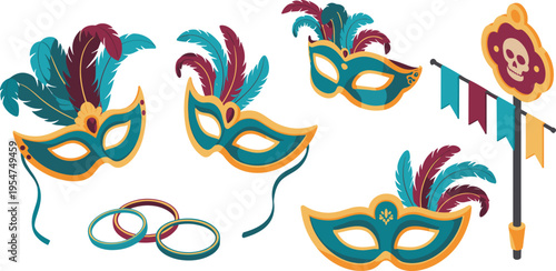 Isometric carnival mask collection with feathers colorful festive accessories party decoration set illustration vector design concept celebration holiday elements