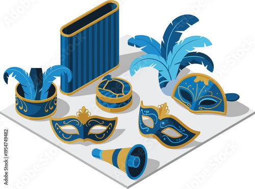 Isometric carnival mask set with feather hat drum megaphone blue gold festive party decoration collection vector illustration concept design