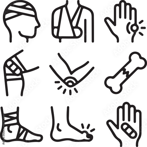 medical injury black outline icons set vector illustration design collection 