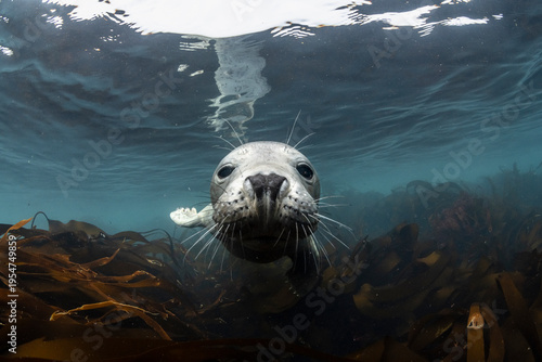 Grey seal (Halichoerus grypus) juvenile, swimming over kelp bed, portrait, Shetland, Scotland, UK, North Sea. 