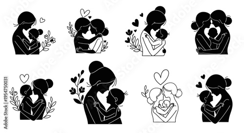 Minimalist Mother and Child Silhouette Collection, Black and White Bonding Illustrations for Mother's Day, Parenting Concepts, and Logo Design