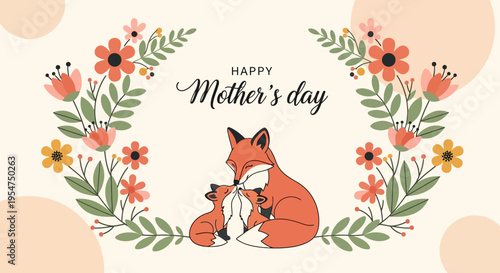 Happy Mother's Day Greeting Card Illustration with Cute Mother Fox and Baby Cubs in a Floral Wreath