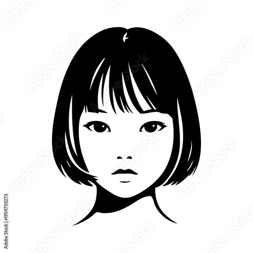 Dibujo sencillo de la cabeza de una niña de raza asiática con peinado liso, mirando de frente 