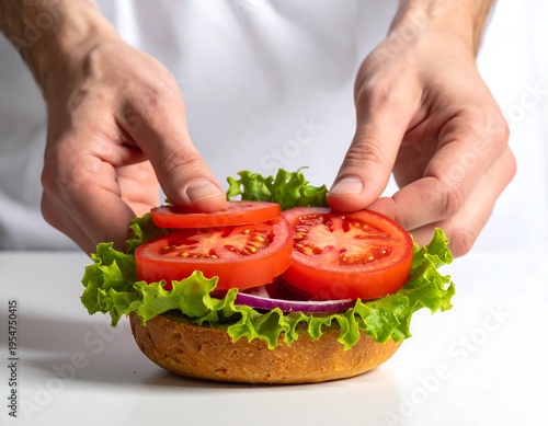 Close-up of hands arranging a layered burger on a white surface, showcasing fresh tomato slices and lettuce