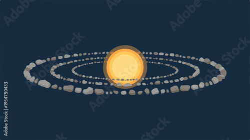 Solar system planets orbiting around the sun in space with celestial bodies and rings on a dark background