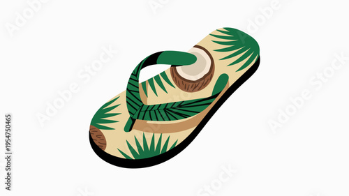 Colorful flip flop with tropical palm leaf design on beige background summer vacation footwear