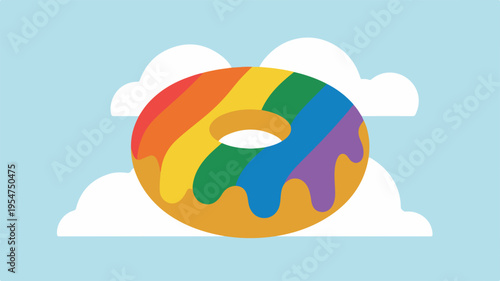 Colorful rainbow donut with dripping icing on white clouds in light blue sky background