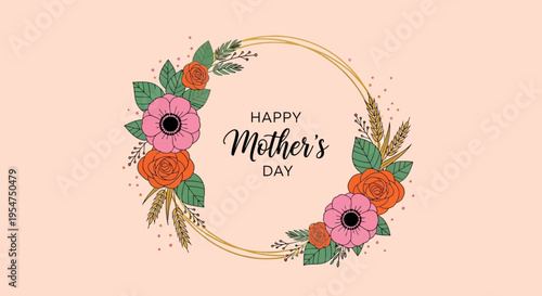 Happy Mother's Day Greeting Card with Floral Wreath and Gold Circular Frame on Peach Background