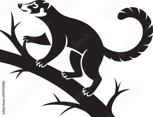 Stylized Silhouette of Coati on Tree Branch, Black and White Graphic
