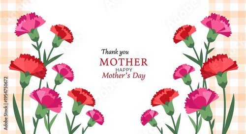 Happy Mother's Day Greeting Card with Red and Pink Carnations and Gingham Border Vector Illustration