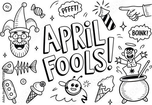 April fools day badges collection, creative colorful sticker set with funny holiday typography and prank elements