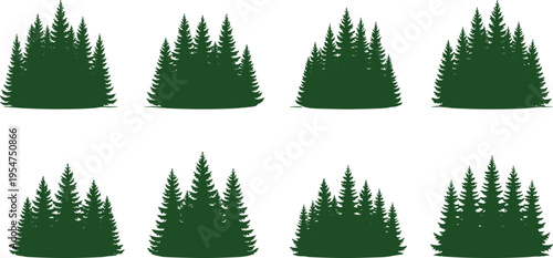 Green pine forest silhouettes collection evergreen trees woodland landscape nature set isolated illustration for eco design background elements