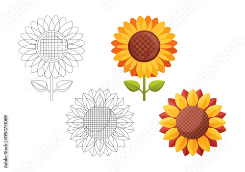 フラットデザインのひまわりのイラストセット：幾何学的なカラー版とぬりえ用線画、子供向けベクター素材