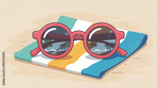 Vibrant red sunglasses on colorful striped beach towel summer vibe