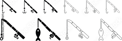 Fishing rod icons set angling equipment with reel, hook, float and fish symbols for sport fishing, hobby, outdoor activity vector silhouettes and outline illustration collection group
