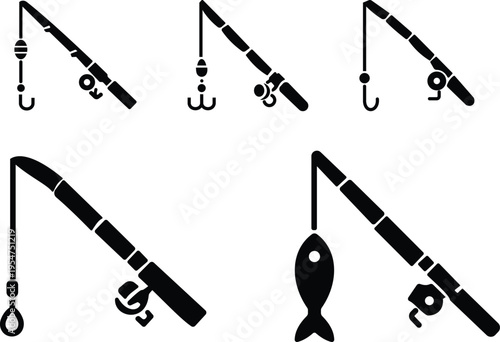 Fishing rod icons set angling equipment with reel, hook, float and fish symbols for sport fishing, hobby, outdoor activity vector silhouettes and outline illustration collection group