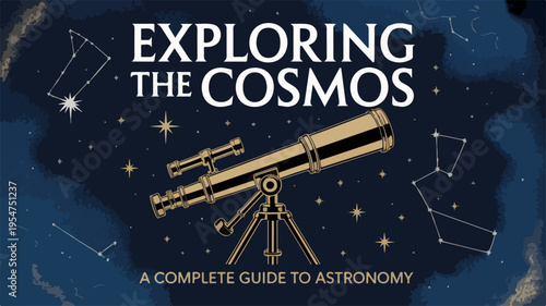 Golden telescope on tripod against starry night sky with constellations astronomy guide cover